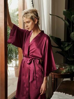 Silky Wine-Red Kimono Robe with Waist Tie